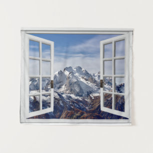 Fake Window Mountain Scene Wall Hanging Tapestry
