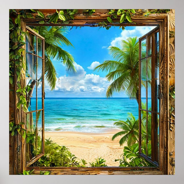 Fake Window Tropical Beach Ocean View Décor 🌴🌊 Poster (Front)