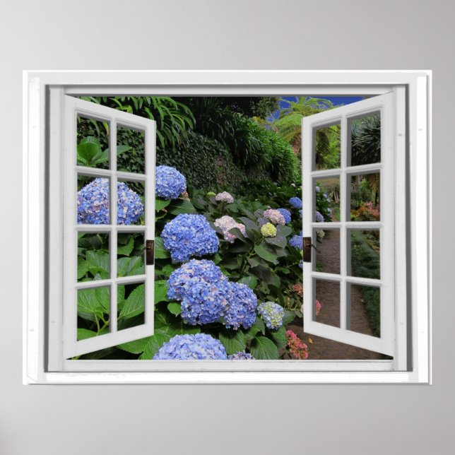 Fake Window View Hydrangea Garden Poster (Front)