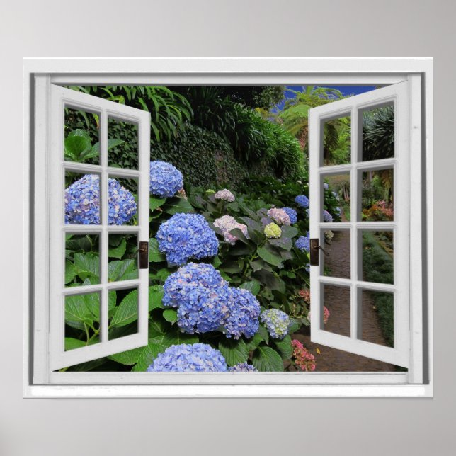 Fake Window View Hydrangea Garden Poster (Front)