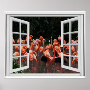 Fake Window View Pink Flamingos  Poster