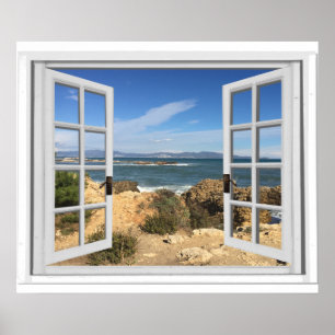 Fake Window View Rocky Beach Ocean Poster