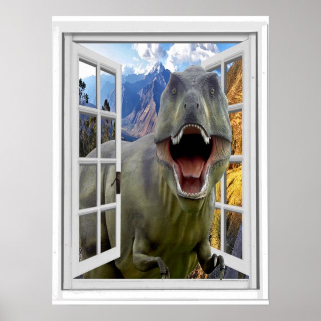 Fake Window View T-Rex Dinosaur Poster (Front)