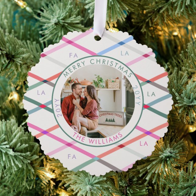 Falala Pastel Chequered Pattern Christmas Photo Tree Decoration Card (Insitu (Tree))