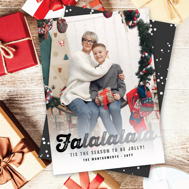 Falalalala Black Ombre Script Fun Christmas Photo Holiday Card (Creator Uploaded)
