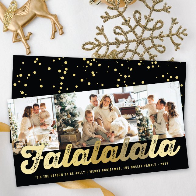 Falalalala Gold Ombre Script Fun Christmas 3 Photo Holiday Card (Creator Uploaded)