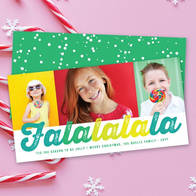 Falalalala Green Ombre Script Christmas 3 Photo Holiday Card (Creator Uploaded)