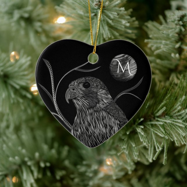 Falcon Full Moon Monogram Black Ceramic Ornament (Tree)