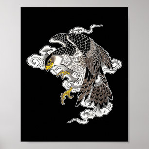 Falcon Hawk Flying X Japanese Clouds Tattoo Flash  Poster