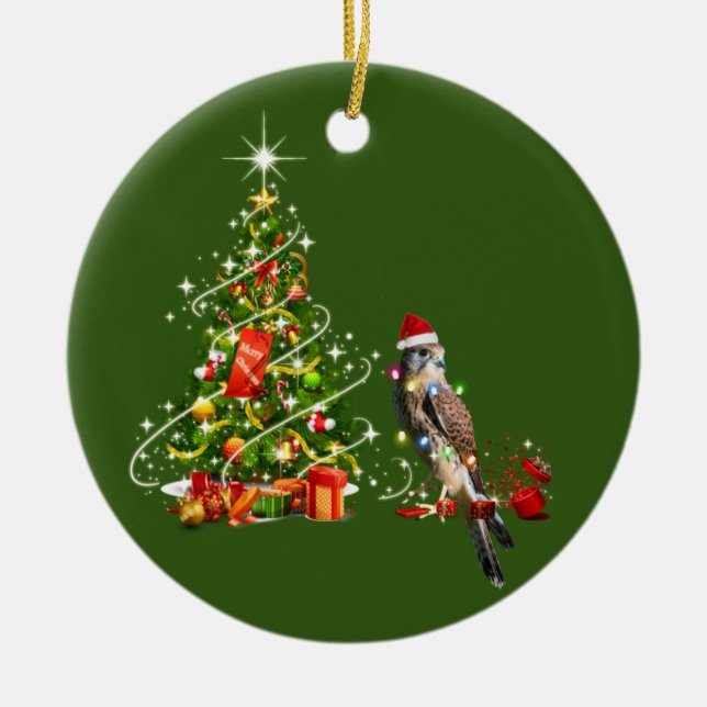 Falcon With Hat LIGHTS Christmas Ceramic Ornament (Front)