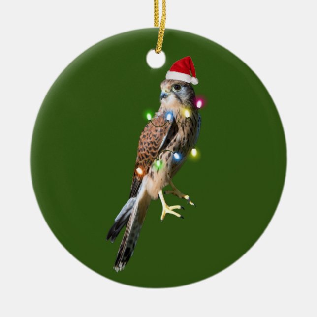 Falcon With Hat Lights Christmas Ceramic Ornament (Front)