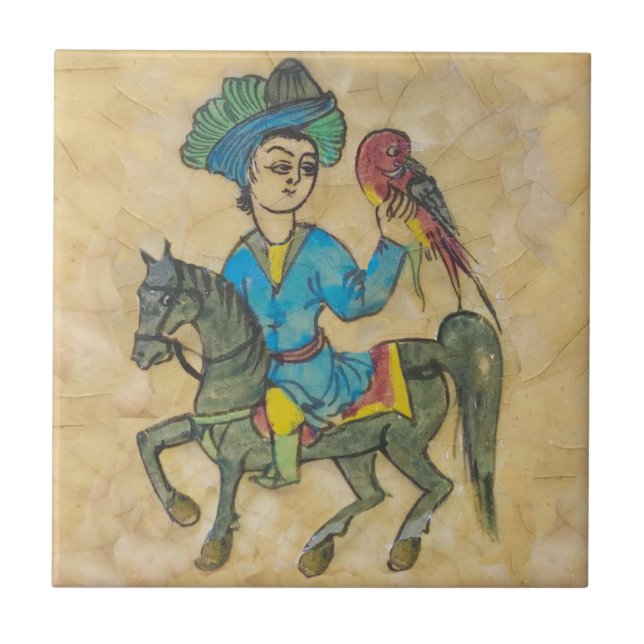 Falconer on Horse c1900 Repro Persian Turkish Ceramic Tile (Front)