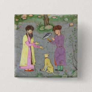 Falconer with companion and pet cheetah, from the 15 cm square badge