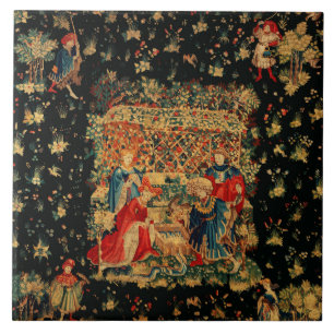 FALCONS BATH Red Blue Antique Mediaeval Tapestry Ceramic Tile