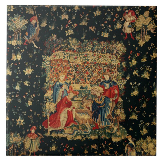 FALCONS BATH Red Blue Antique Mediaeval Tapestry Ceramic Tile (Front)