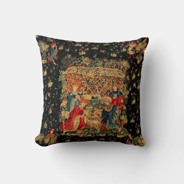 FALCONS BATH Red Blue Antique Mediaeval Tapestry Cushion (Front)