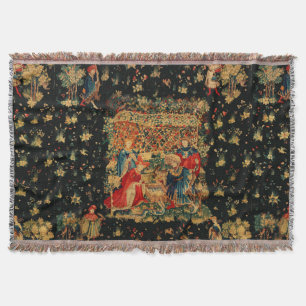 FALCONS BATH Red Blue Antique Mediaeval Tapestry Throw Blanket