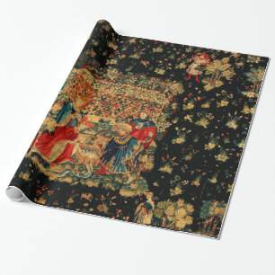FALCONS BATH Red Blue Antique Mediaeval Tapestry Wrapping Paper