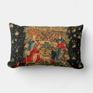 FALCONS BATH Red Blue Antique Medieval Tapestry Th Lumbar Cushion