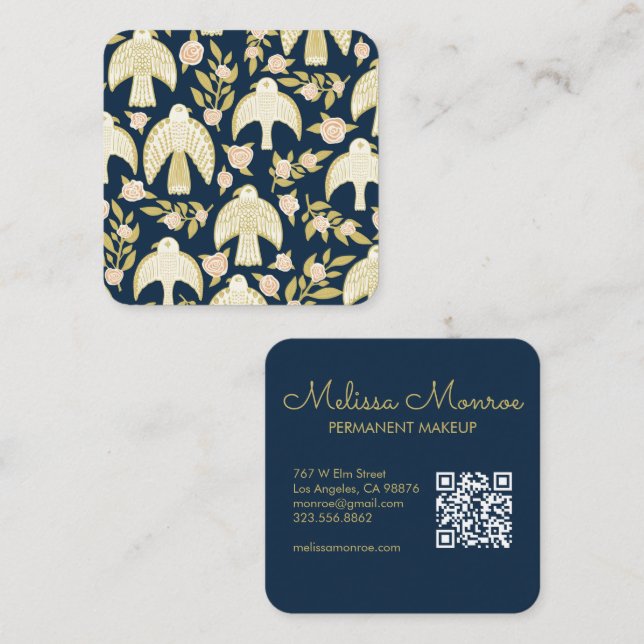 Falcons & Roses Elegant Boho Navy QR code Square Business Card (Front/Back)
