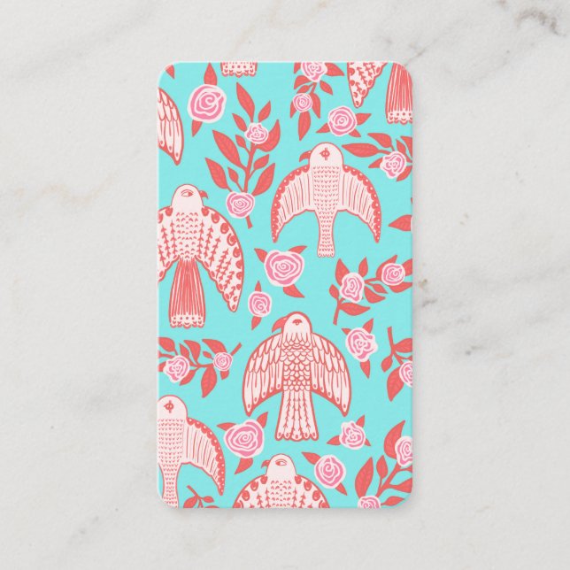 Falcons & Roses Elegant Illustrated Aqua Pink Business Card (Front)