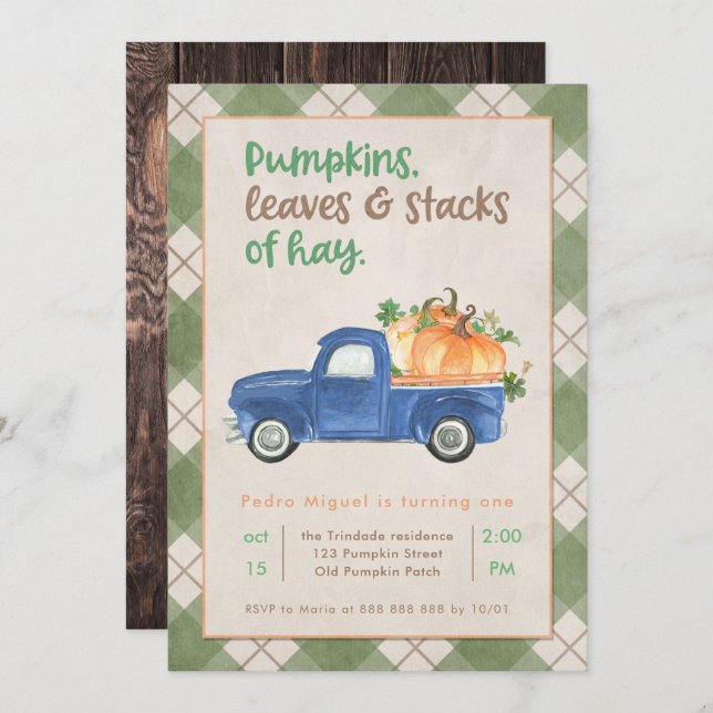 Fall 1st Birthday Party Pumpkin Truck Boy Rustic Invitation (Front/Back)