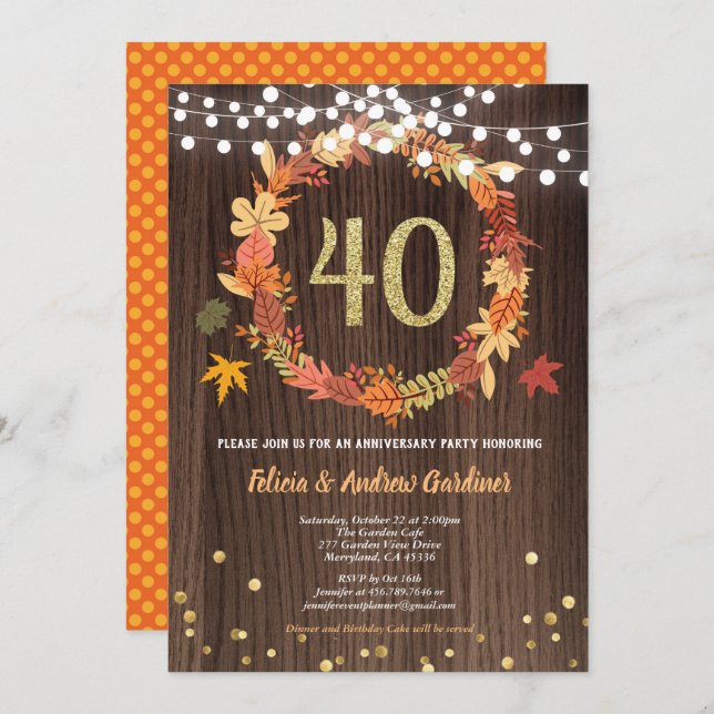 Fall 40th wedding anniversary Thanksgiving wood Invitation (Front/Back)
