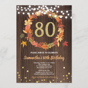 Fall 80th birthday thanksgiving wreath wood gold invitation