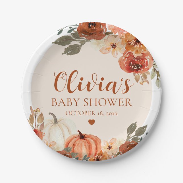 Fall A Little Pumpkin Autumn Floral Baby Shower Paper Plate (Front)