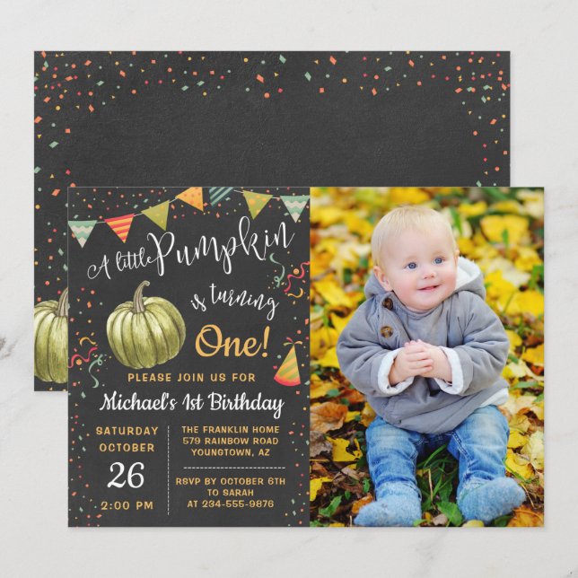 Fall A Little Pumpkin Chalkboard Birthday Photo Invitation (Front/Back)