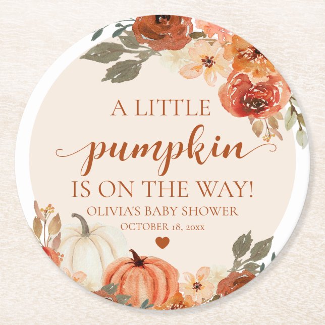 Fall A Little Pumpkin is on the way Baby Shower Round Paper Coaster (Front)