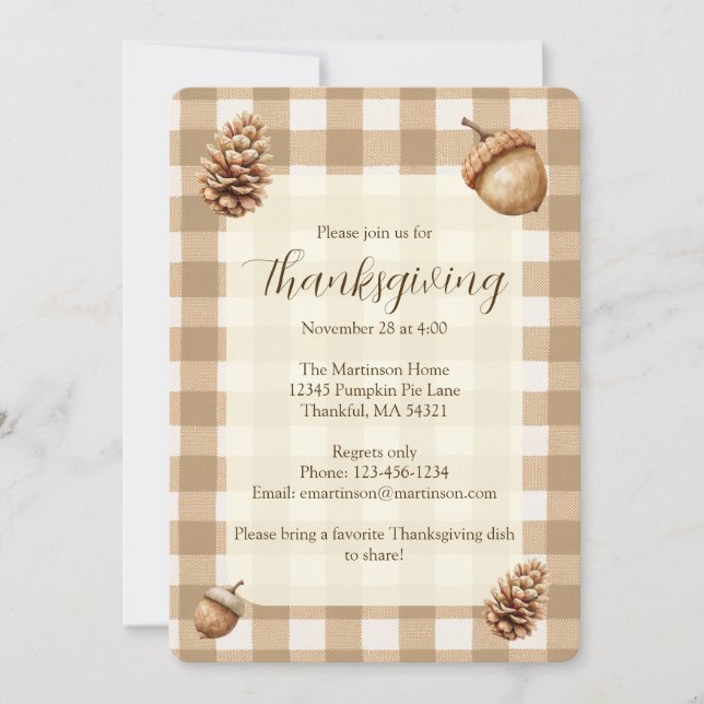 Fall Acorns Pine Cones Brown Gingham Thanksgiving Invitation (Front)