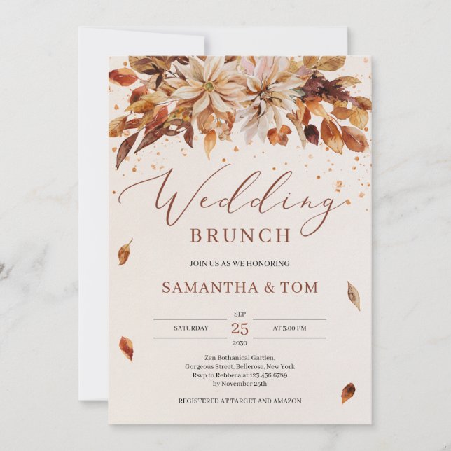 Fall and Autumn flowers and leaves Wedding Brunch Invitation (Front)