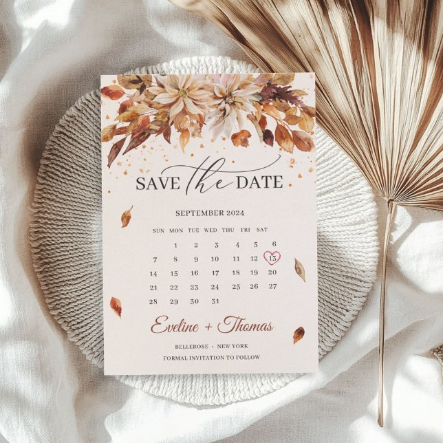 Fall and Autumn Flowers Marigold Calendar Boho Save The Date (Fall and Autumn Flowers Marigold Calendar Boho Save The Date)