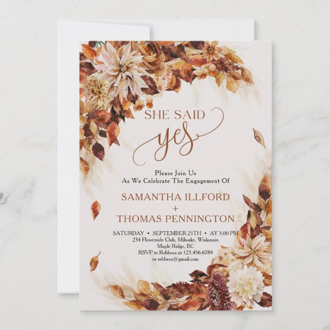 Fall and autumn leaves and flowers she said yes invitation (Front)