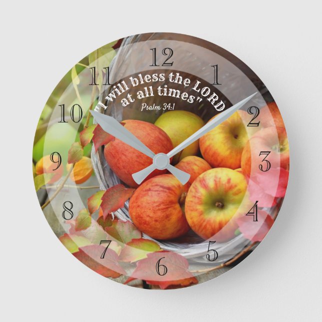 Fall Apple Basket "Bless the Lord at all times" Round Clock (Front)