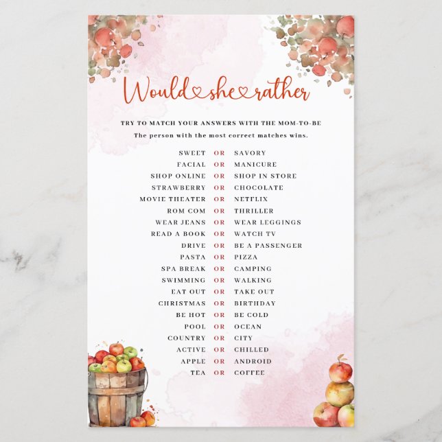 Fall Apple Would She Rather Baby Shower Game (Front)