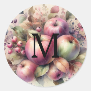 Fall apples in pastel colours watercolor painting classic round sticker