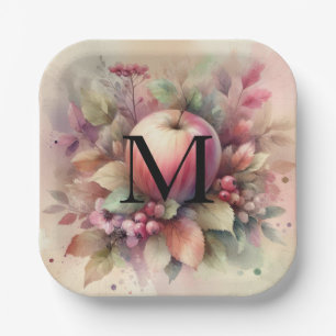 Fall apples in pastel colours watercolor painting paper plate