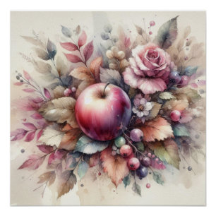 Fall apples in pastel colours watercolor painting  poster