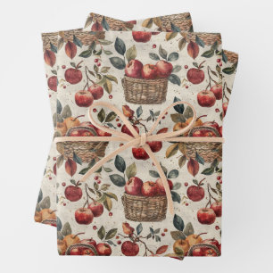 Fall Apples Wrapping Paper Flat Sheet Set of 3