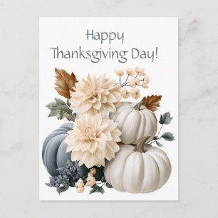 Fall arrangement with pumpkins and flowers holiday postcard