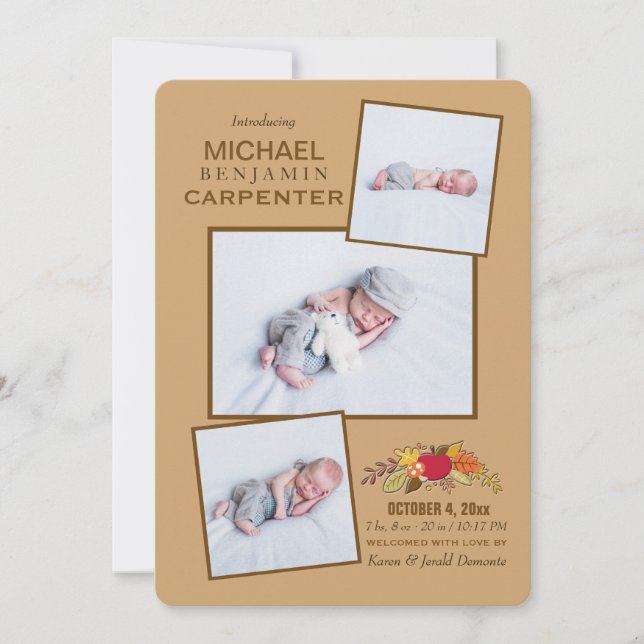 Fall Arrival 3 Photo Birth Announcement (Front)