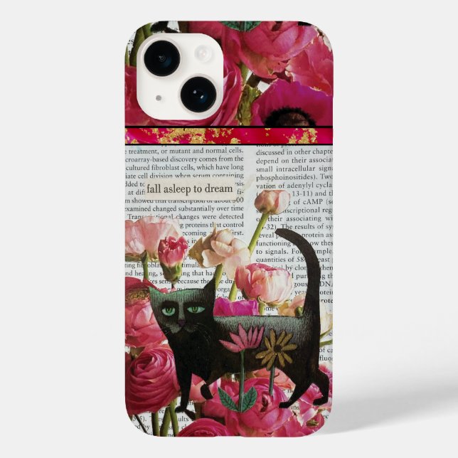 Fall Asleep to Dream Black Cat Hot Pink Flowers Case-Mate iPhone Case (Back)
