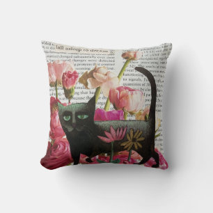 Fall Asleep to Dream Black Cat Hot Pink Flowers Cushion
