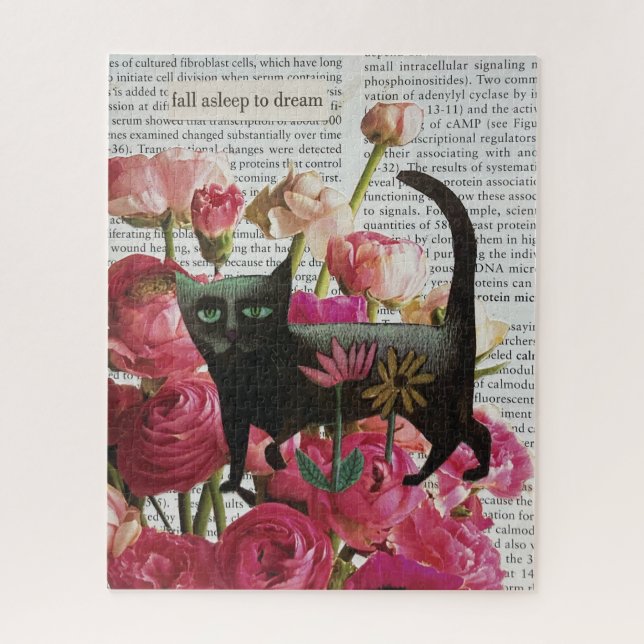 Fall Asleep to Dream Black Cat Hot Pink Flowers Jigsaw Puzzle (Vertical)