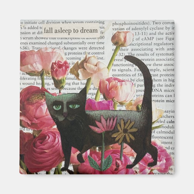 Fall Asleep to Dream Black Cat Hot Pink Flowers Magnet (Front)