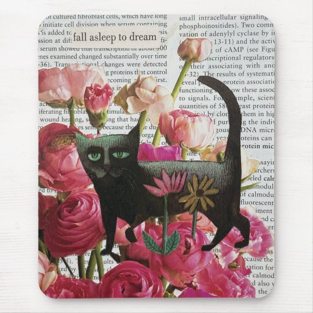 Fall Asleep to Dream Black Cat Hot Pink Flowers Mouse Pad (Front)
