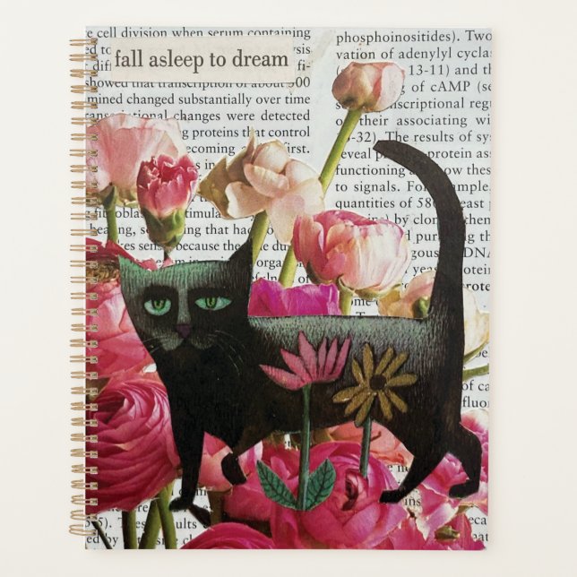 Fall Asleep to Dream Black Cat Hot Pink Flowers Planner (Front)