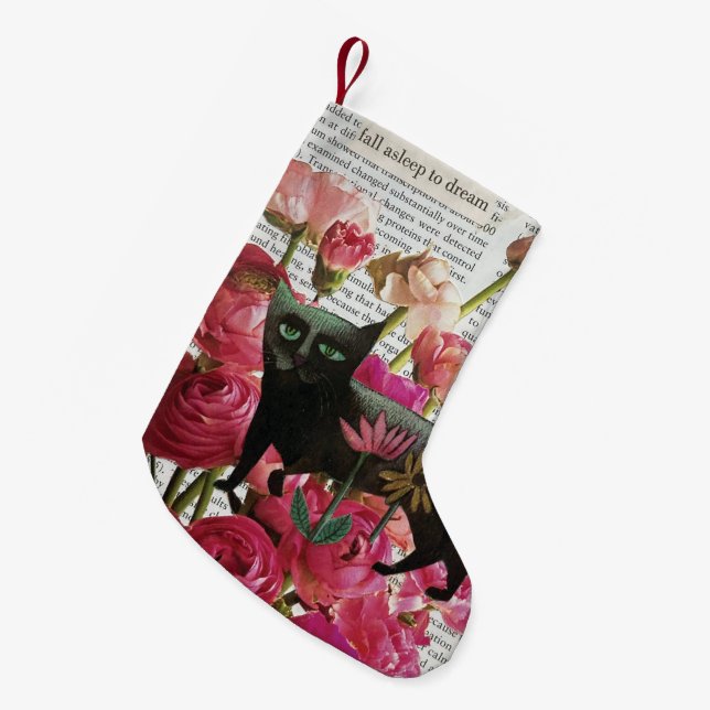 Fall Asleep to Dream Black Cat Hot Pink Flowers Small Christmas Stocking (Front (Hanging))